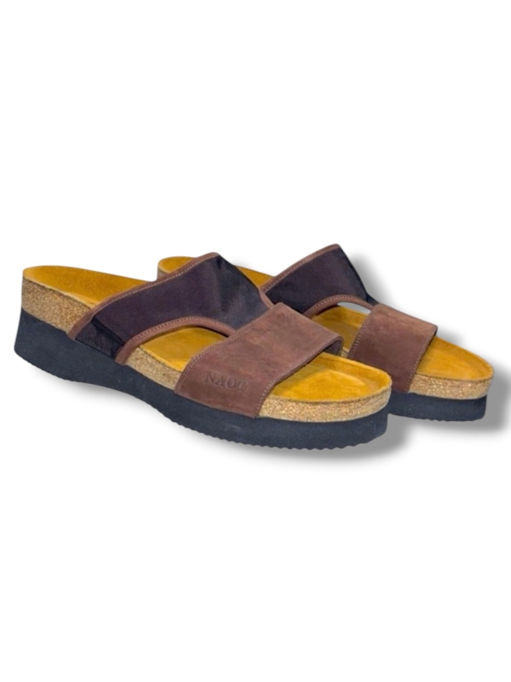 Naot Orion Leather Nylon Slide Sandals Cork Brown Black Size 40 US 9-9.5 NWOT